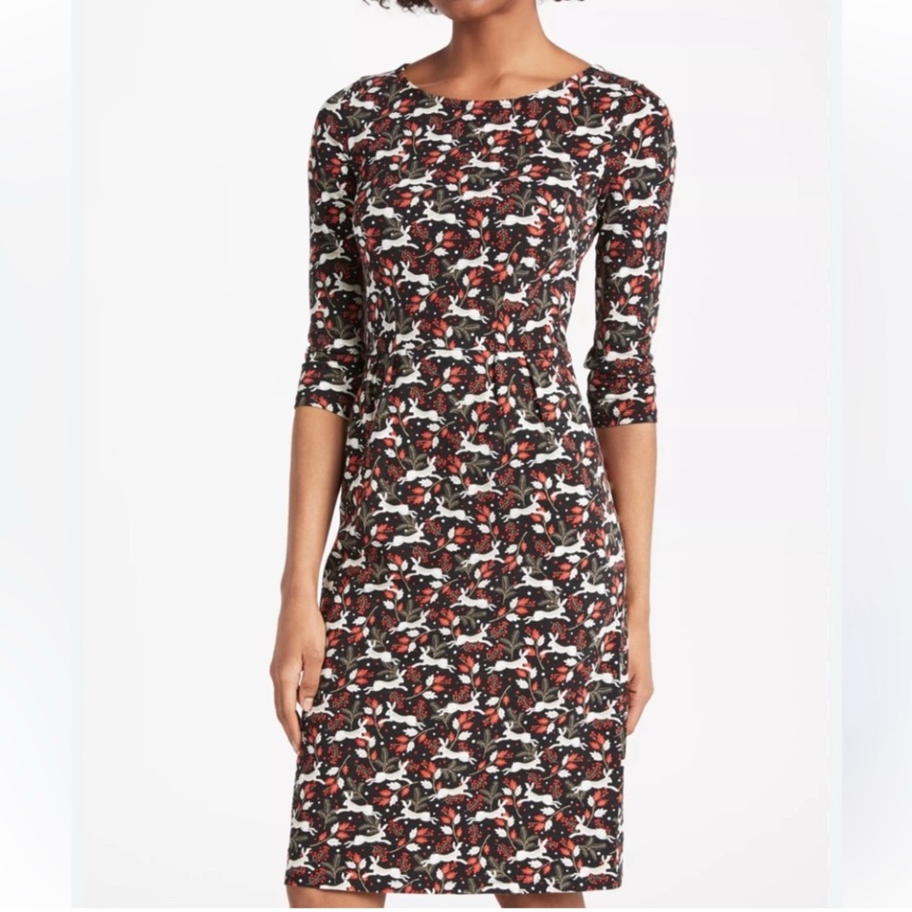 Boden Penny Jersey Dress, 3/4 Sleeve, Rabbit Print, 4